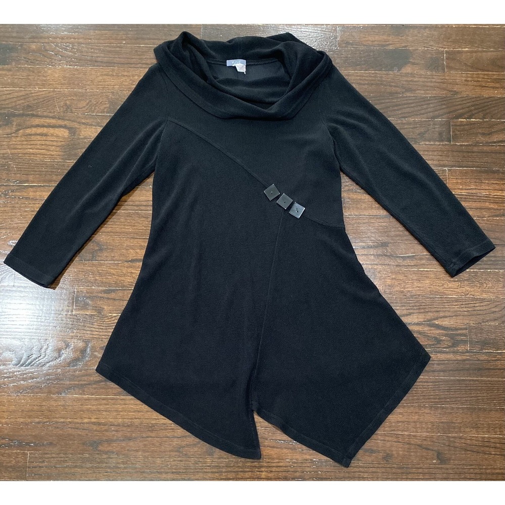 Yushi Textured Asymmetrical Hem Black Dress Sz S Button Detail Slouchy Cowl Neck